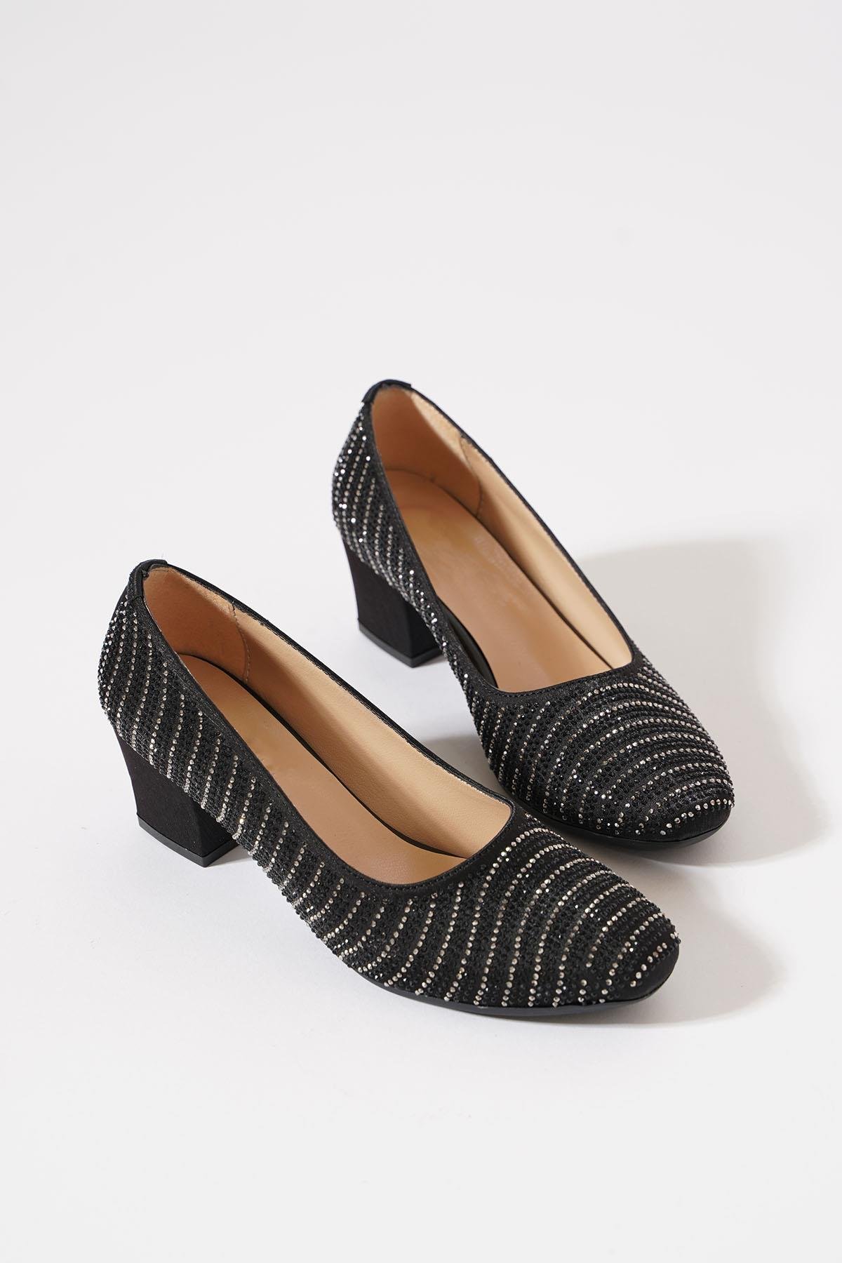 Deltey Komple Taş Baskı  Kadın Topuklu Ayakkabı Siyah Saten