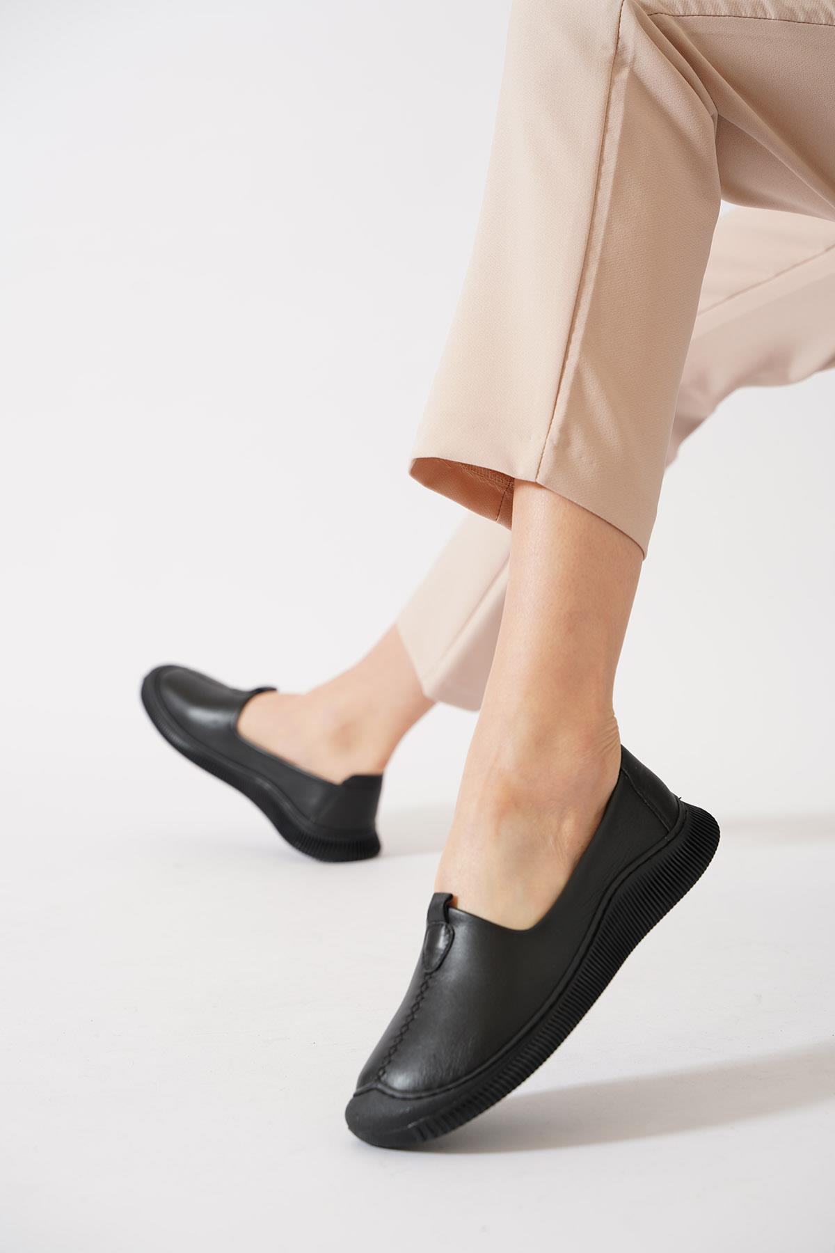 Fela Ön Parçalı Taban Dikiş Hakiki Deri Ayakkabı Siyah Cilt