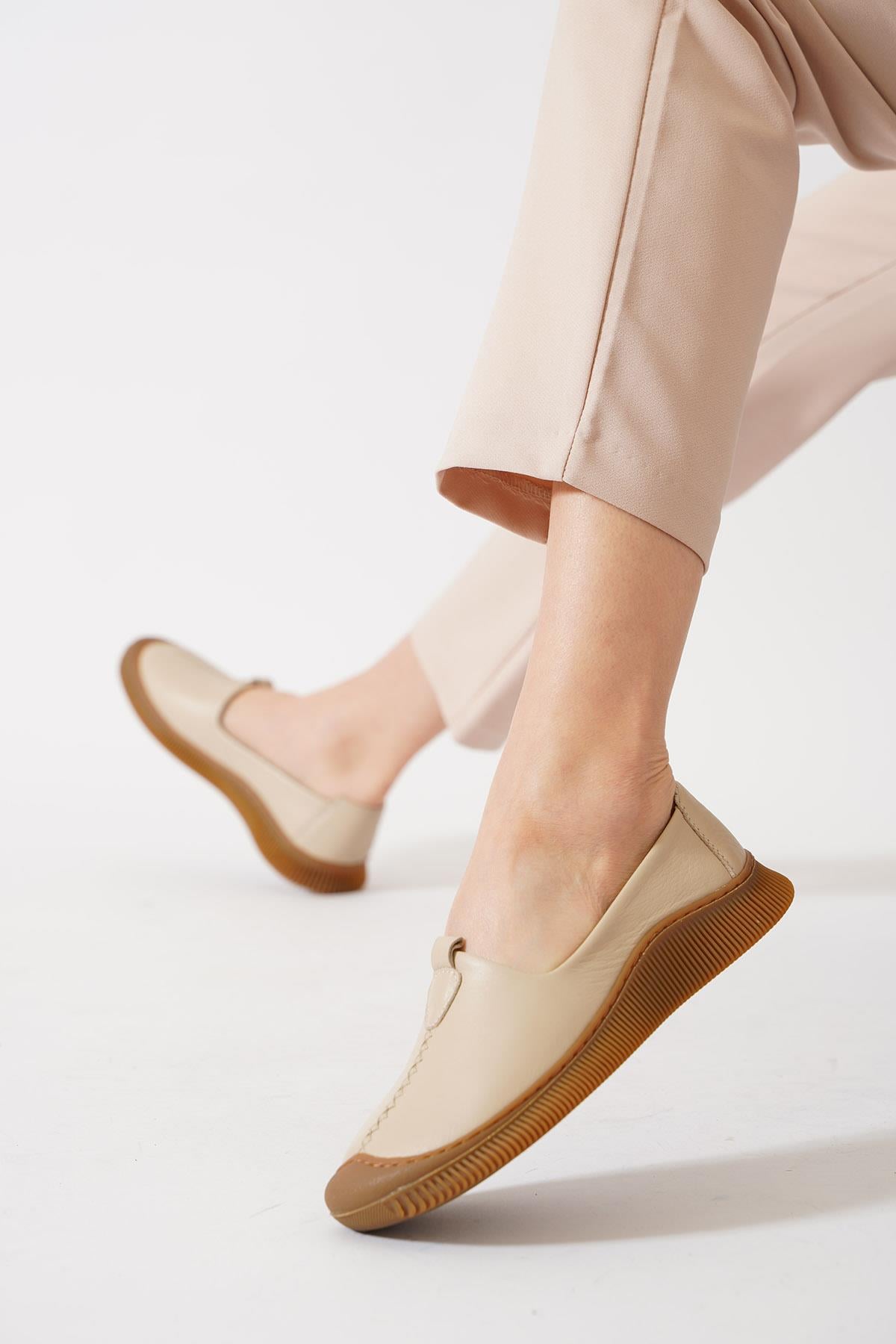 Fela Ön Parçalı Taban Dikiş Hakiki Deri Ayakkabı Bej Cilt