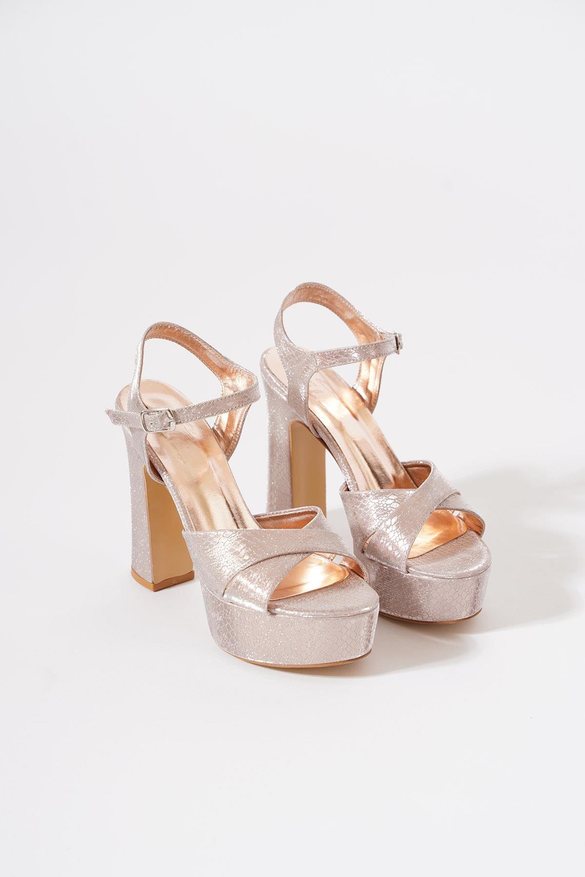 Femito Çapraz Bant Yılan Kadın Abiye  Ayakkabı Roz Petek