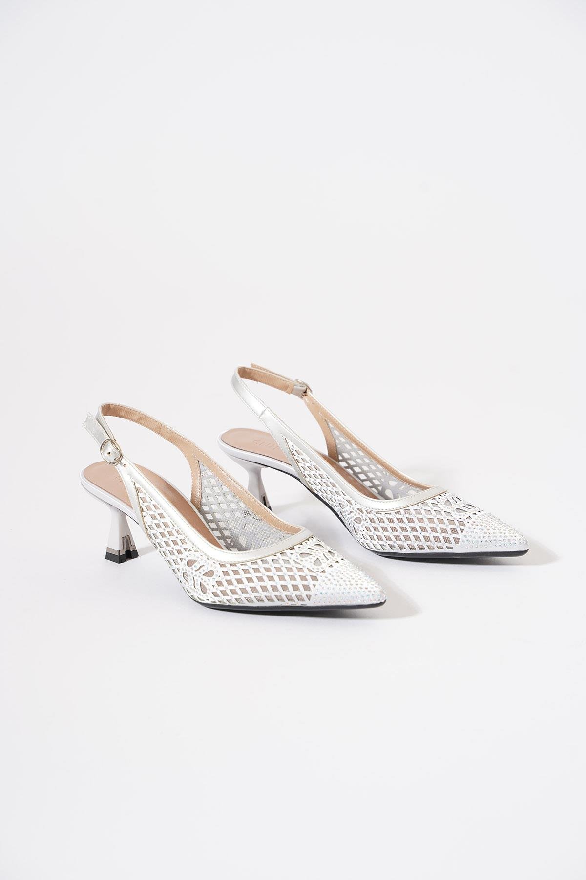 File Taşlı Kadın Abiye Topuklu Ayakkabı Gümüş