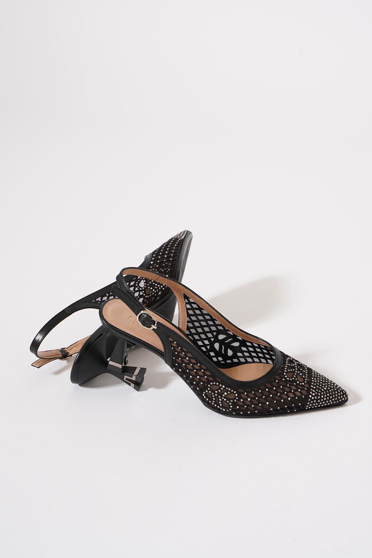 File Taşlı Kadın Abiye Topuklu Ayakkabı Siyah