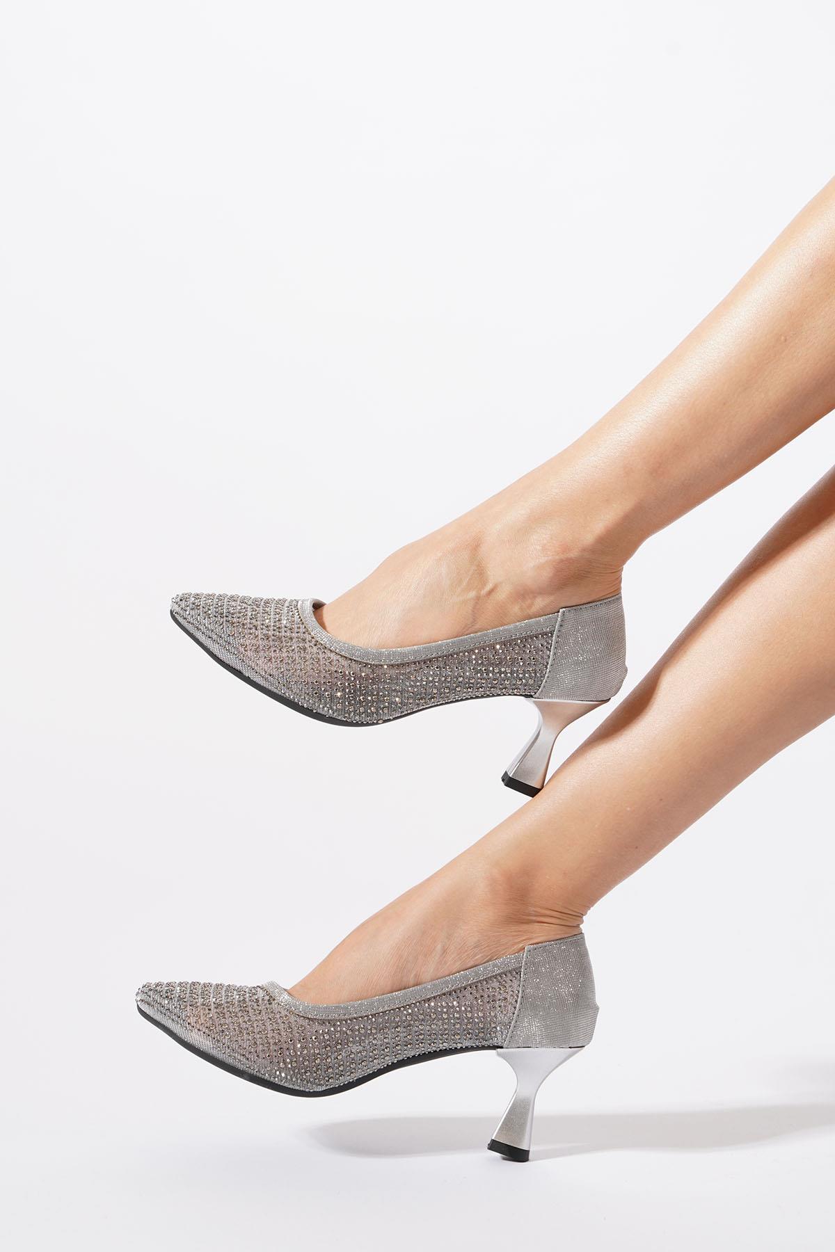 Husmer Fileli Komple Taşlı Kadın Topuklu Ayakkabı Platin Sim