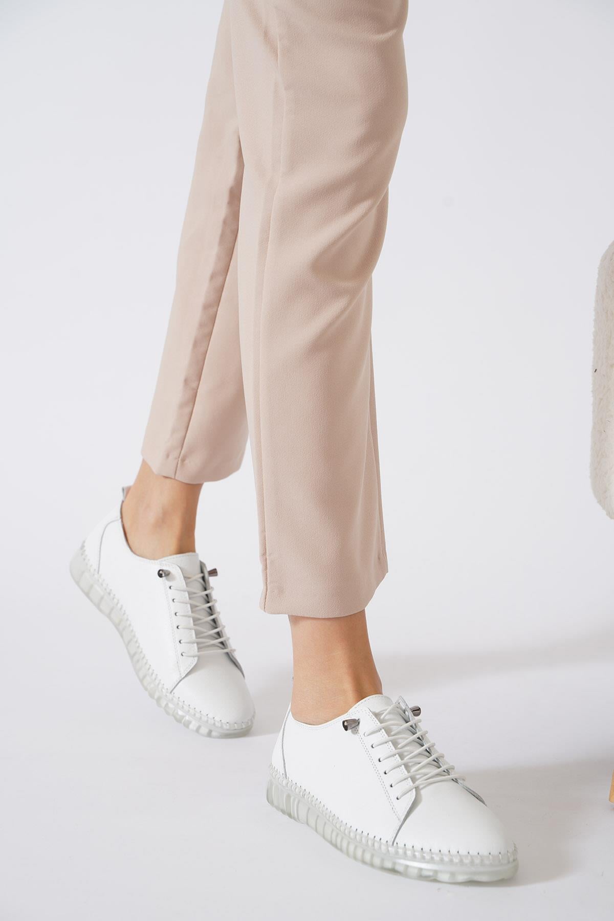 İsella Jel Taban Bağlı Hakiki  Deri Kadın Ayakkabı Beyaz Cilt