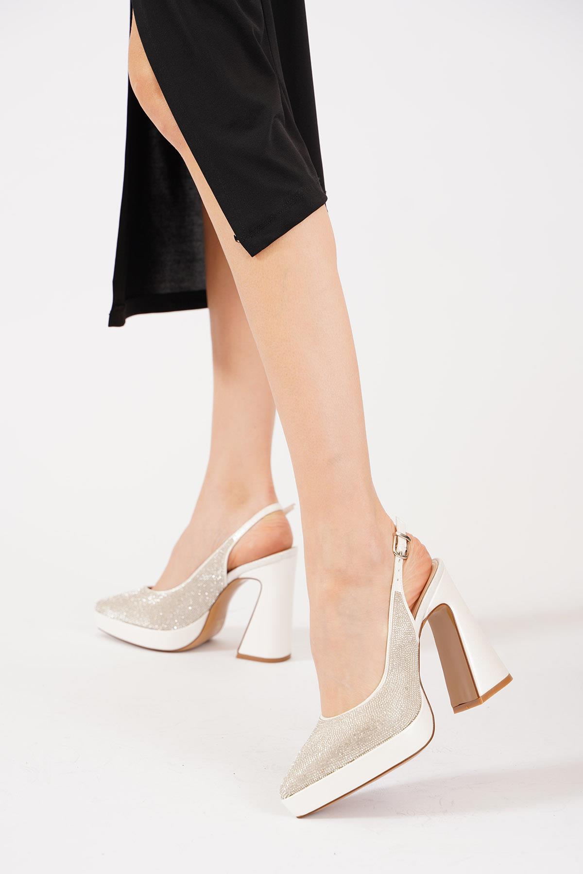 Lacestar Pltform Taşlı Kadın Abiye Ayakkabı Sedef Cilt