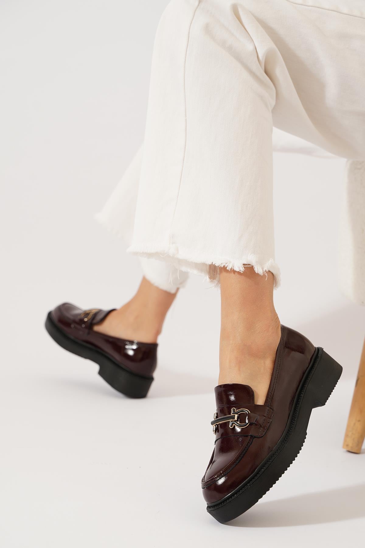 Loden Ön Tokalı Kadın Loafer Babet Bordo Rugan