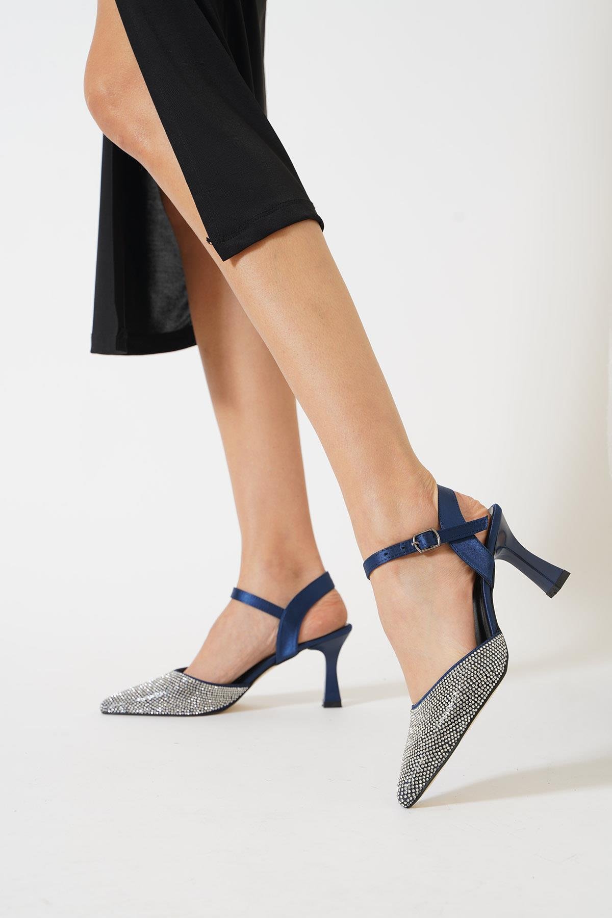 Lolet Komple Taşlı Arka Açık Kadın Abiye Ayakkabı Lacivert Saten