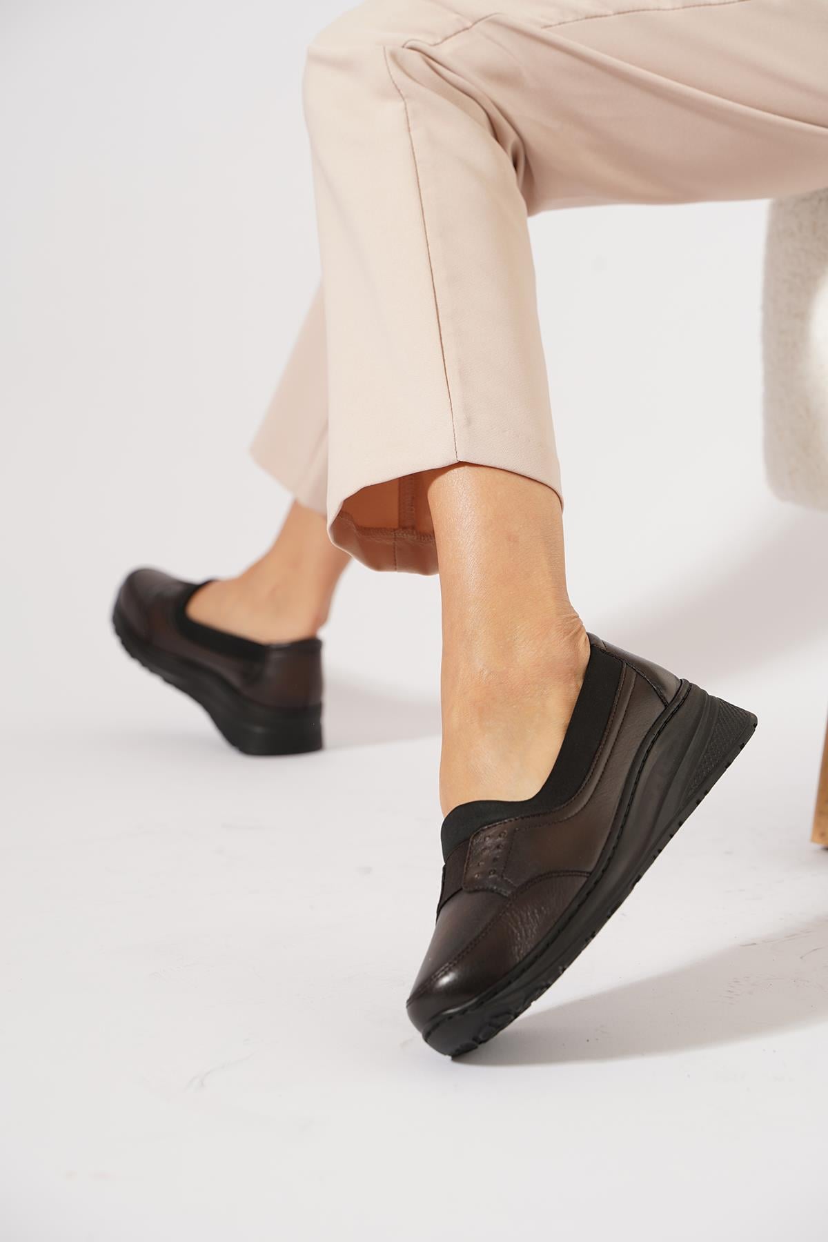 Lomeste Geniş Lastikli Kadın Hakiki Deri Ayakkabı Kahve Cilt