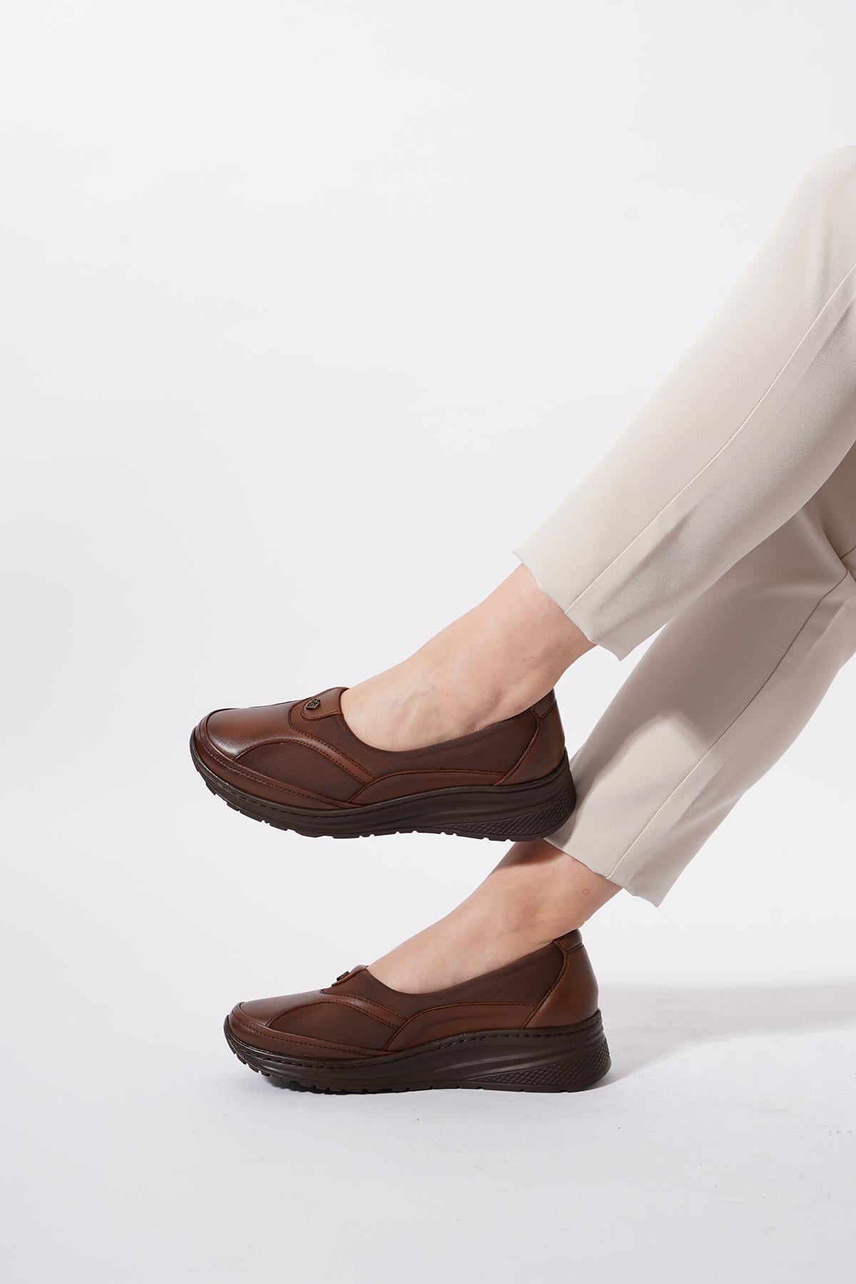 Loryen Yan Streçli Kadın Hakiki Deri Ayakkabı Taba Cilt