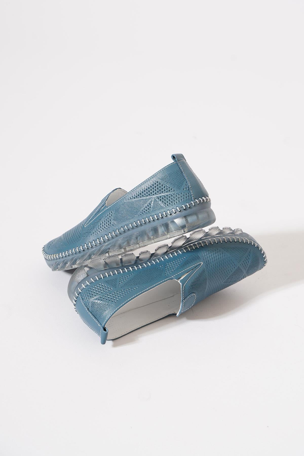 Naste Çift Lastik Lazer Kadın Hakiki Deri Ayakkabı Kot Mavi Cilt