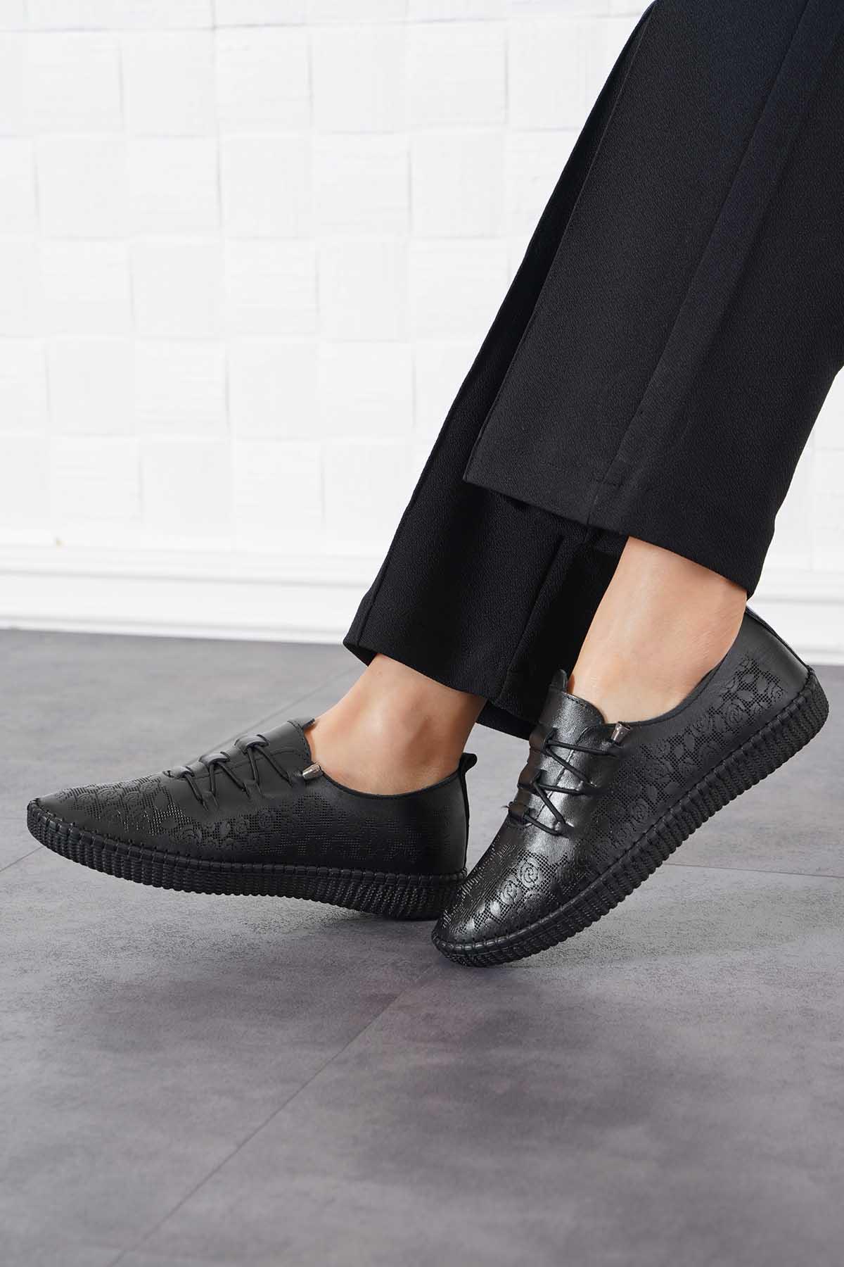 Neus Taban Dikme Lszerli Hakiki Deri Ayakkabı Siyah Cilt