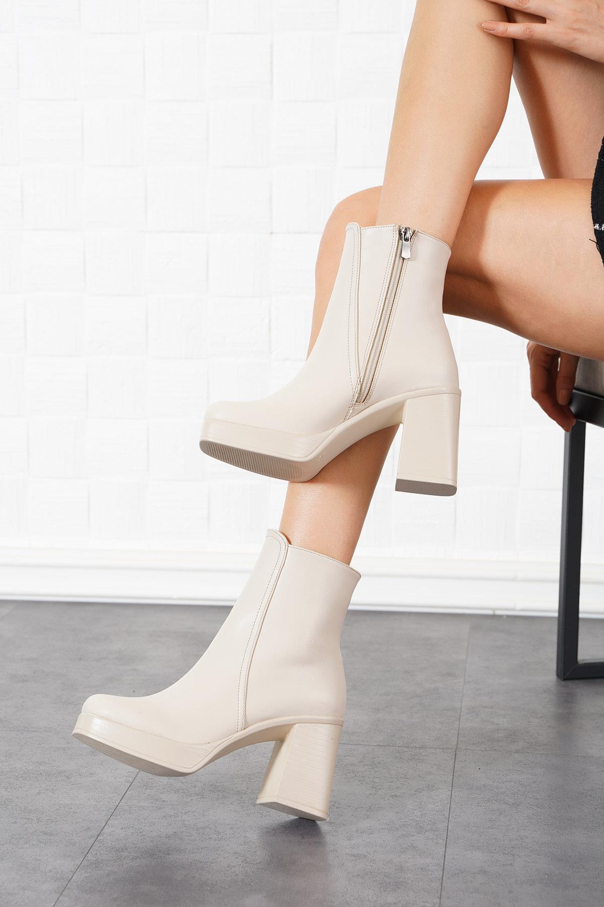 Poli Fermuar Platform Kadın Topuklu Bot Ten cilt