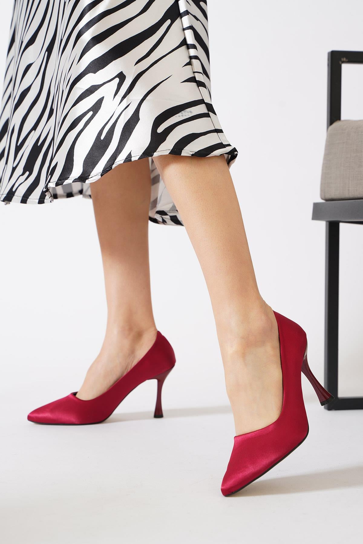Polmis Düz Ökçe Stiletto Bordo Saten