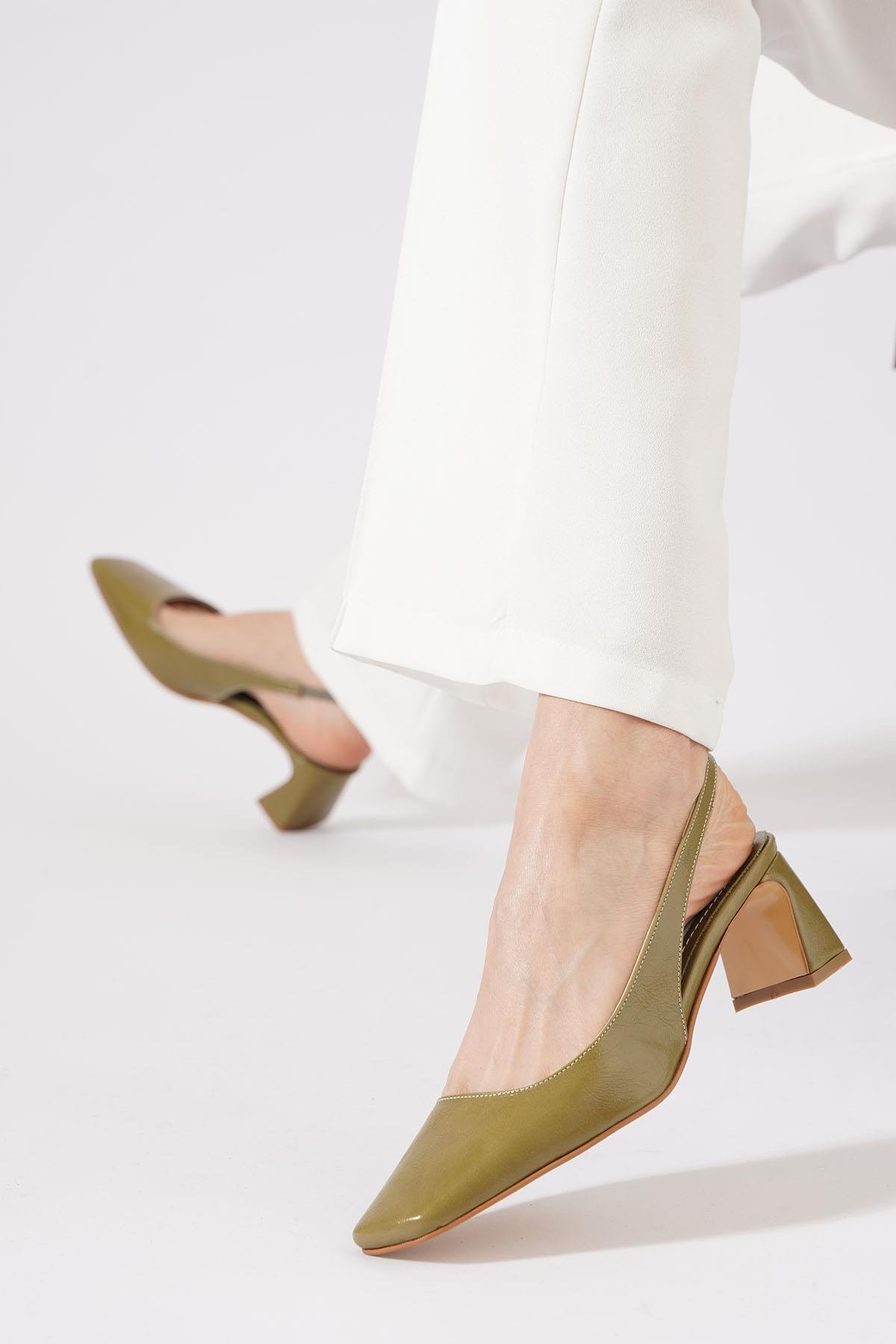 Rakma Kesik Burun  Kadın Topuklu Ayakkabı  Yeşil Kırışık