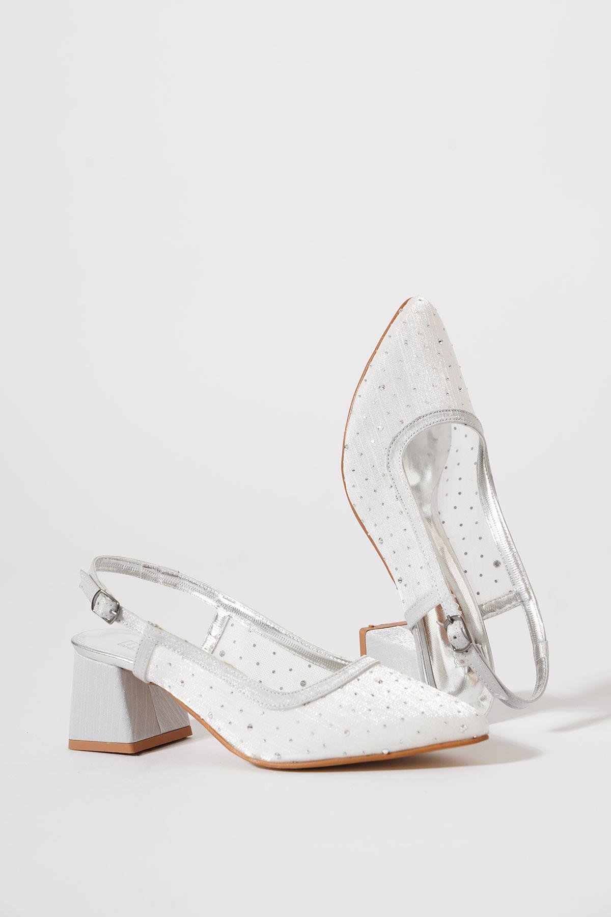 Senle File Taşlı Arka Açık Kadın Topuklu Ayakkabı Gümüş