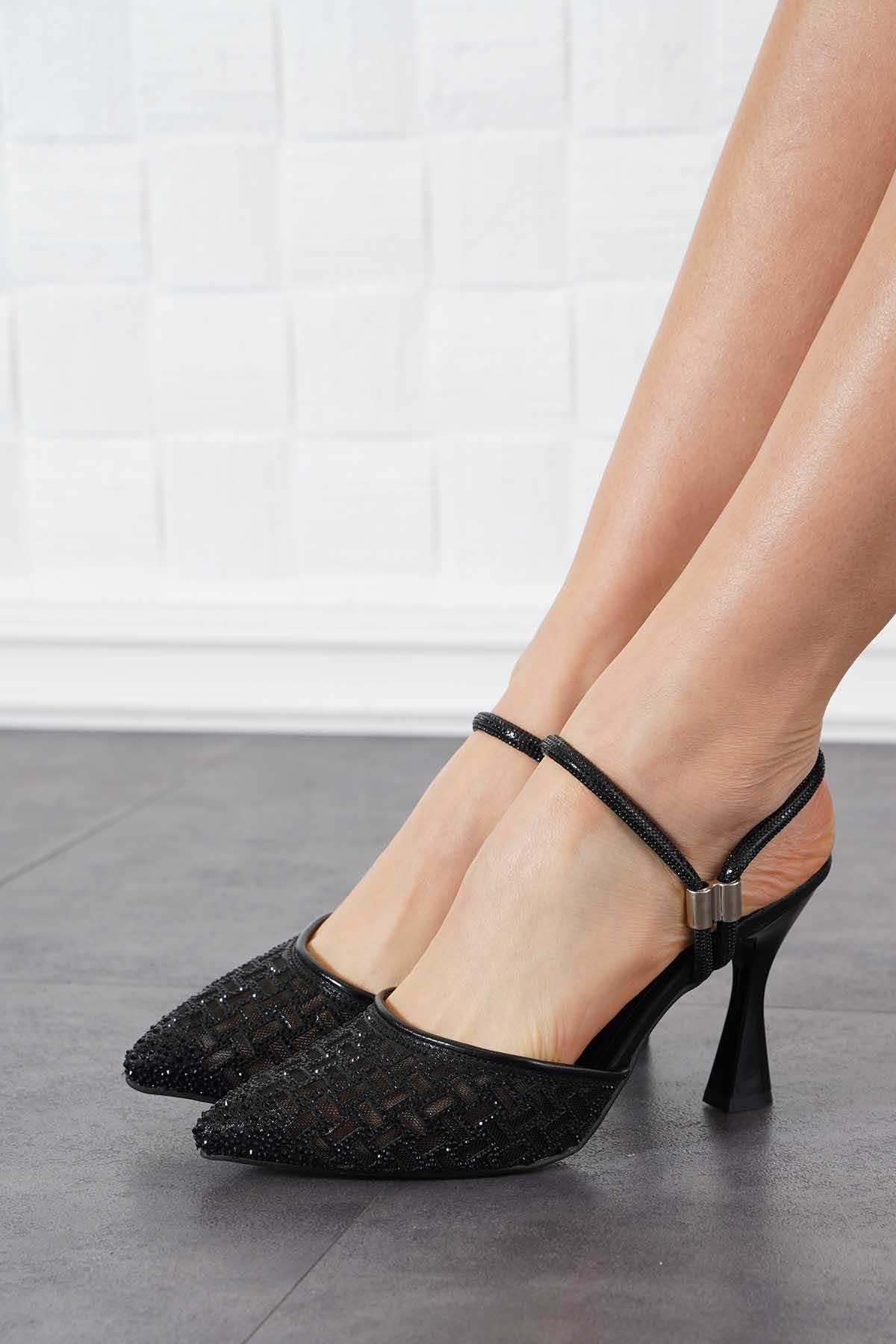 Serrette File Taşlı Kadın Abiye Ayakkabı Siyah Sultan