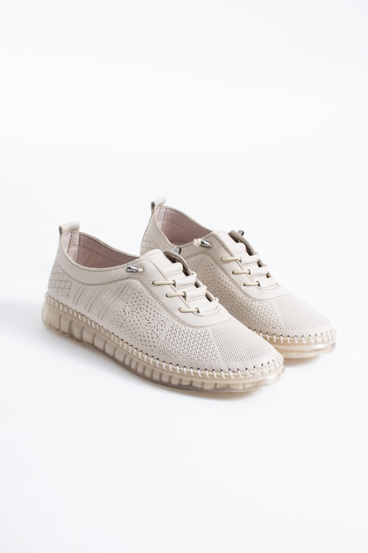 Seste Lazer Taban Dikme Hakiki Deri Kadın Ayakkabı Bej Cilt