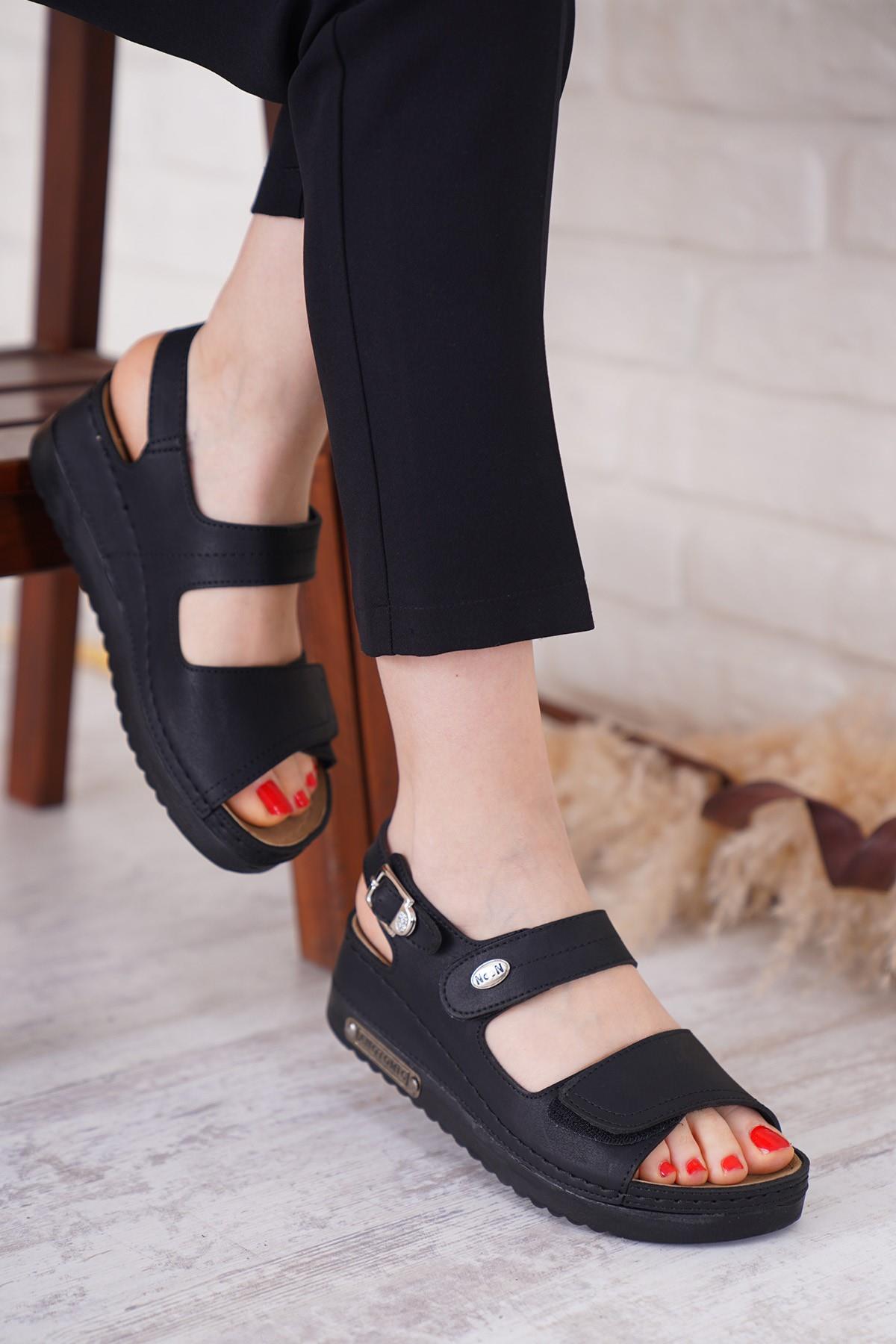Holo cift Çırtlı Kadın Ortopedik Sandalet Siyah