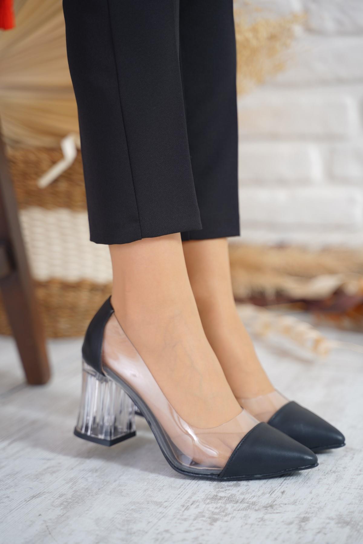 Lory Yan Şeffaf Kadın Topuklu Ayakkabı Siyah Cilt