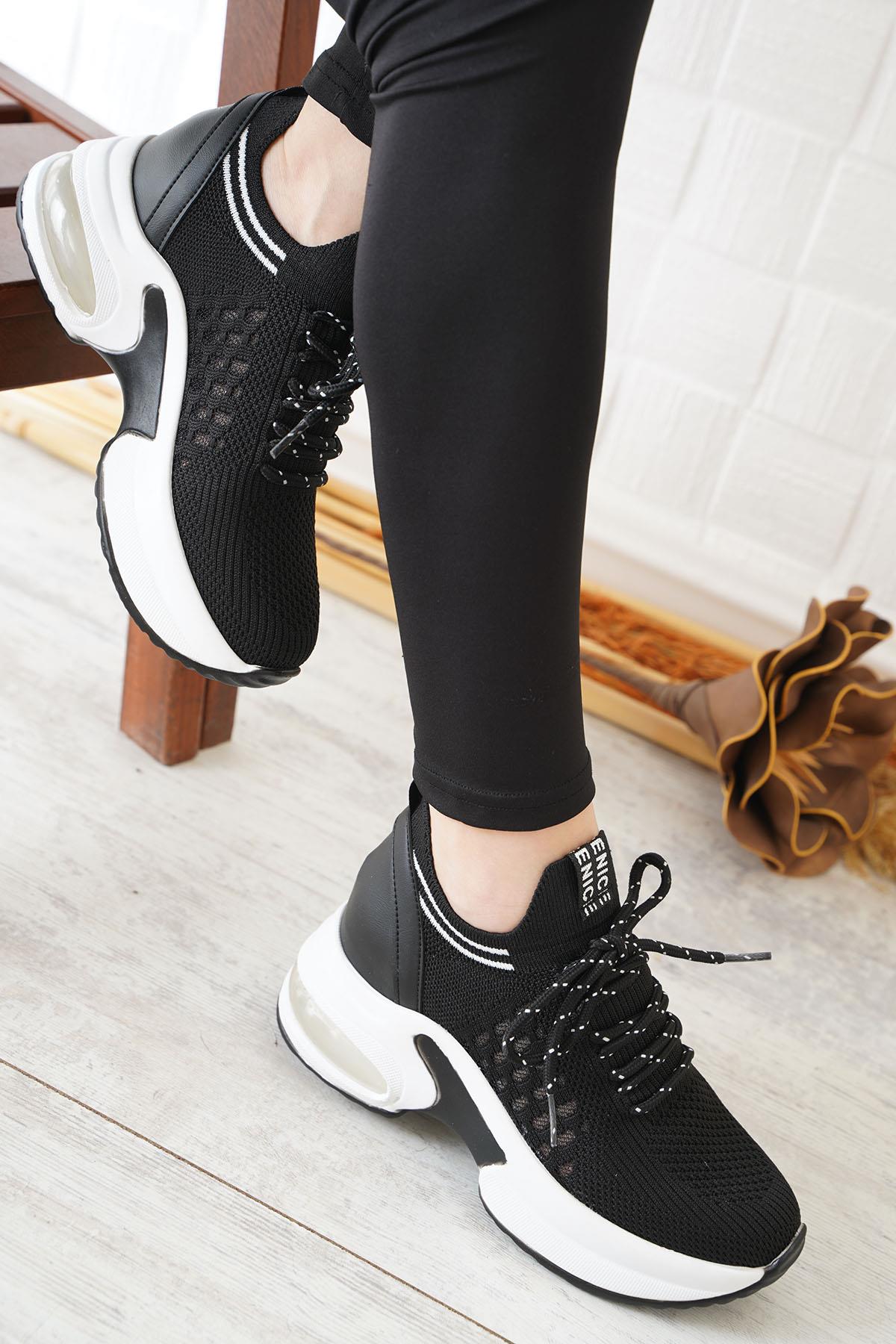 Sobika Streç Çizgili Kadın Spor Ayakkabı Siyah