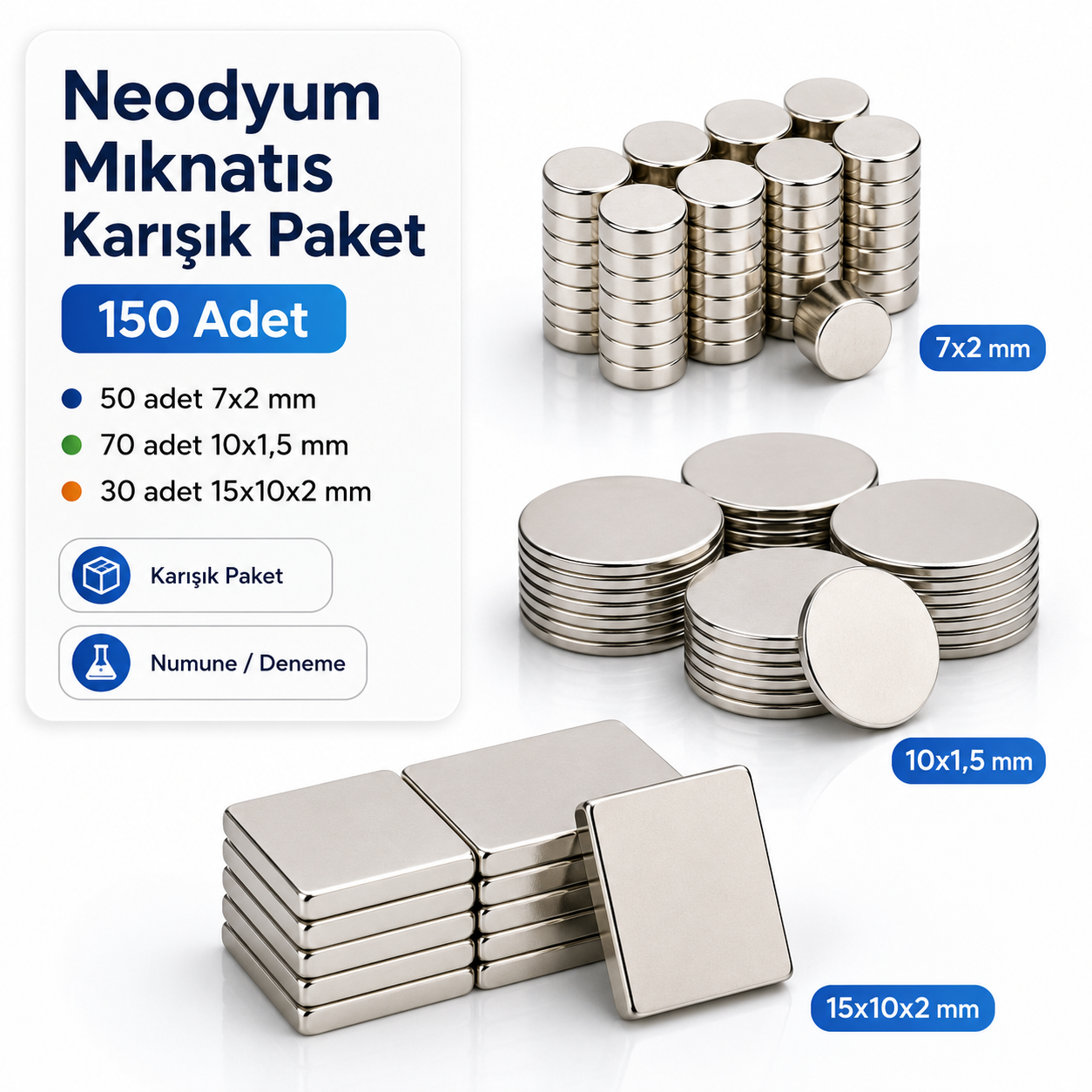 Neodyum Mıknatıs Karışık Paket - 150 Adet