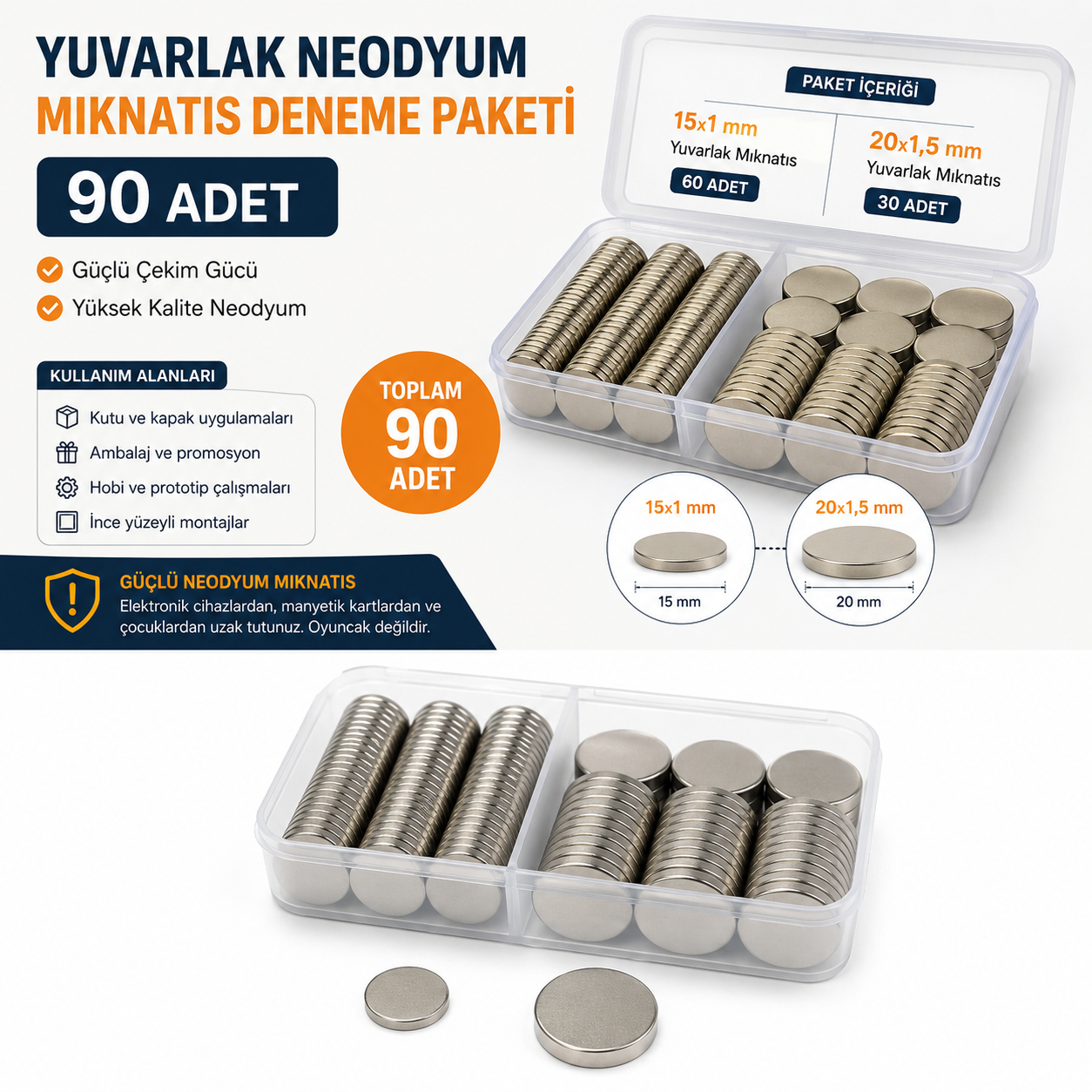 Yuvarlak Neodyum Mıknatıs Deneme Paketi - 90 Adet