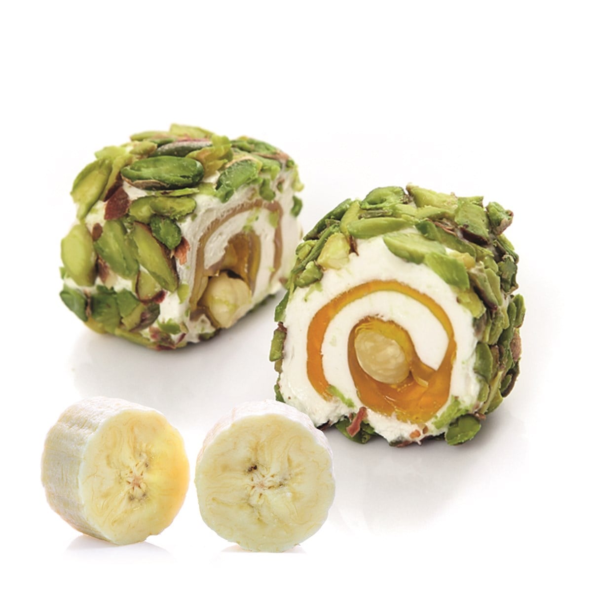 ROLL HAZELNUT WITH BANANA FLAVOR COATED WİTH SLICED PISTACHIO SULTAN DELIGHT