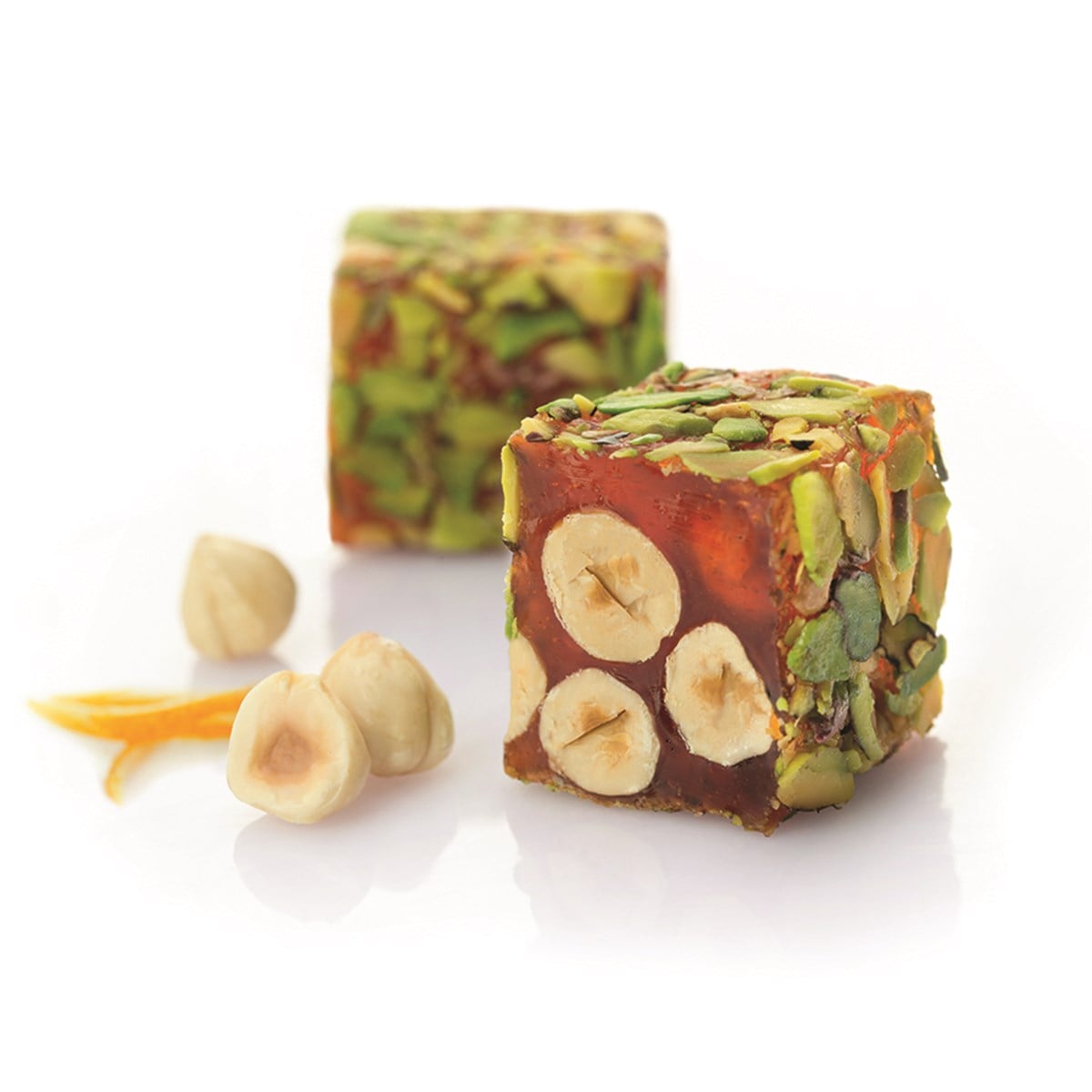 HAZELNUT & ORANGE FLAVOR COATED WITH SLICED PISTACHIO