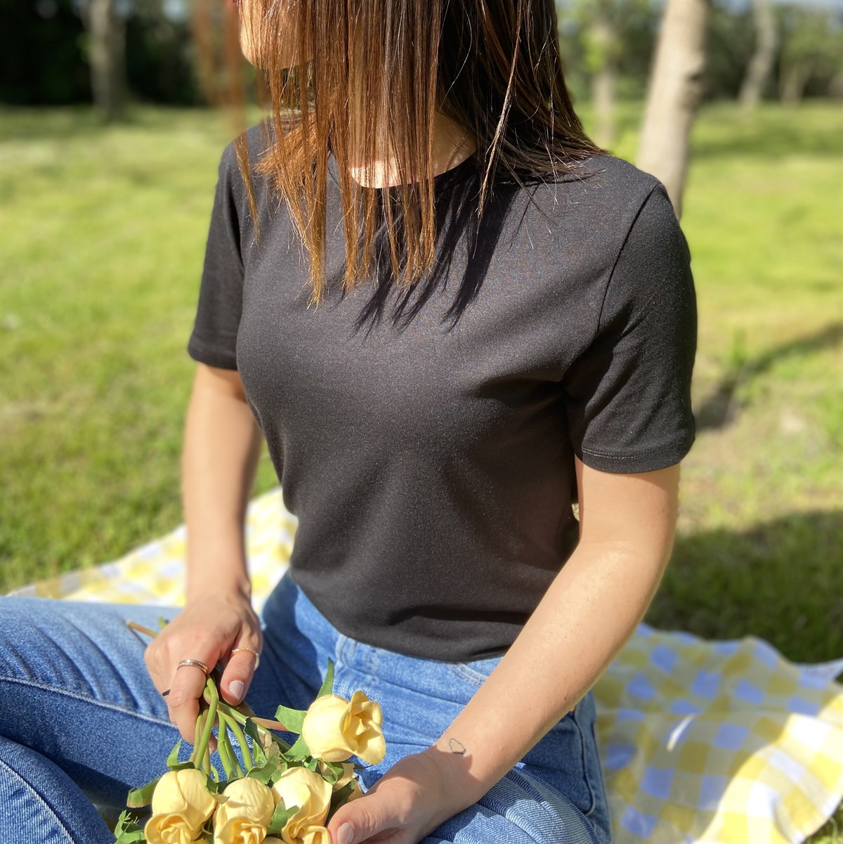 Cotton Modal Yuvarlak Yaka Siyah Tişört