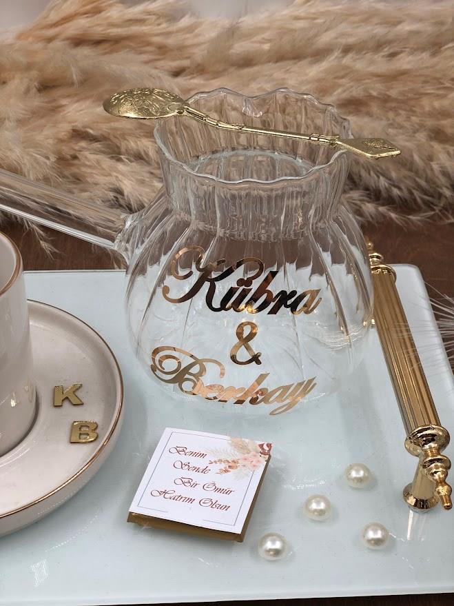 Cam Cezve İncili Kurdele Söz Nişan Tepsisi ve Damat Kahvesi Kız İsteme TepsiTakımı 