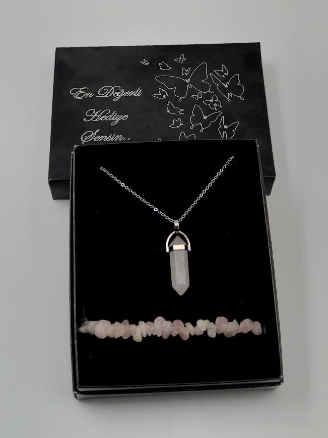 Sevgiliye En Doğal Hediye Seti Pembe Kuvars Kolye ve Doğal Taş Bileklik