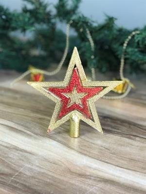  1 Adet 10 Cm Yılbaşı Çam Ağacı tepe süsü  Gold içi kırmızı Yıldız Tepelik