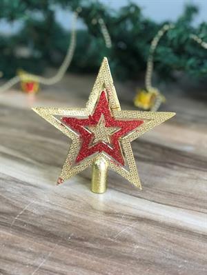  1 Adet 10 Cm Yılbaşı Çam Ağacı tepe süsü  Gold içi kırmızı Yıldız Tepelik