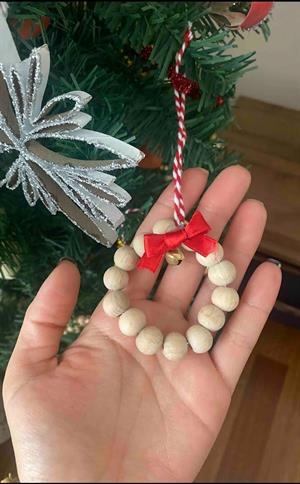  3 Adet Çift Zil Boncuklu Dekoratif Kırmızı Kurdeleli Ahşap Yılbaşı Ağaç Süsü