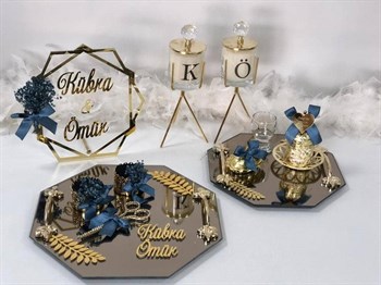 5 Parça İsimliği Süslü Petek Tepsi Takımı - Gümüş