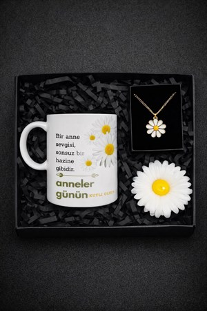 Anneler Günü Hediyesi Özel Tasarım Kupa Papatya Kolye ve Papatya Mum Hediye Kutusunda