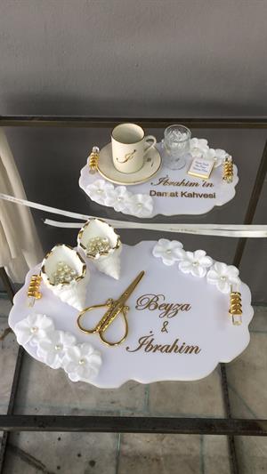 Çiçek Süslemeli Söz Nişan Kız İsteme Tepsi Seti Damat Tepsisi Damat Kahvesi İsimli Kurdele Hediyeli