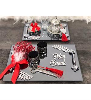 Demet Çiçekli Dikdörtgen Tepsi Seti