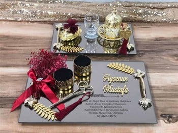 Demet Süslemeli Dikdörtgen Tepsi Seti - Gümüş