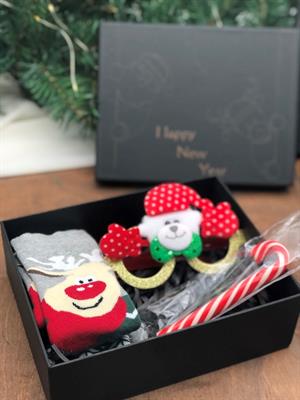 happy new year baskılı özel kutuda pamuk çorak yılbaşı özel gözlük ve baston şeker