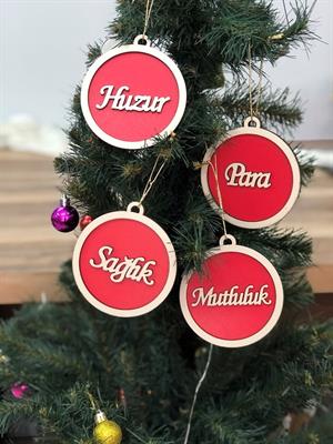 Lüks ahşap özel Yılbaşı çam ağacı süsü mutluluk huzur para sağlık 4 lü set