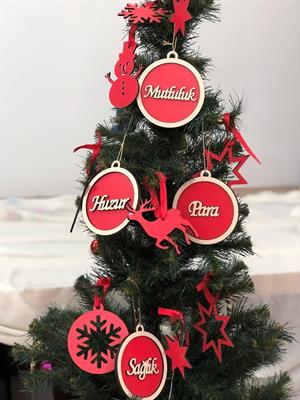 Lüks ahşap özel Yılbaşı çam ağacı süsü mutluluk huzur para sağlık 4 lü set