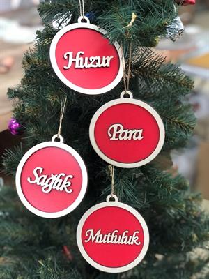 Lüks ahşap özel Yılbaşı çam ağacı süsü mutluluk huzur para sağlık 4 lü set