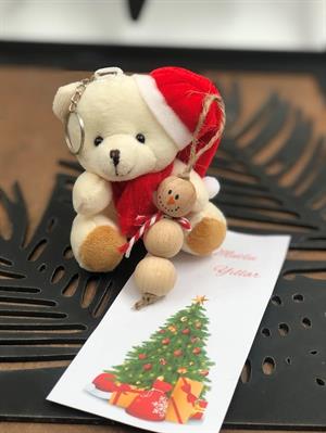 mutlu yıllar yazılı yılbaşı süsü ve noel şapkalı  yeni yıl anahtarlık hediye seti