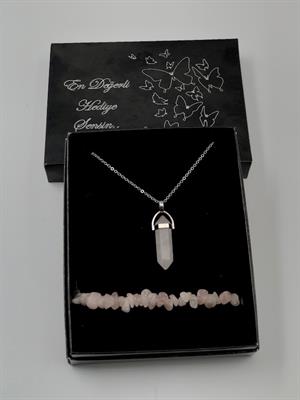 Sevgiliye En Doğal Hediye Seti Pembe Kuvars Kolye ve Doğal Taş Bileklik