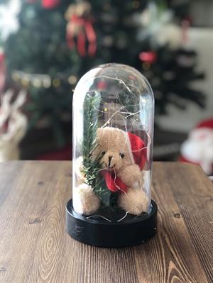 Yeni Yıl Hediyesi Ledli Fanus İçinde Şapkalı Ayıcık Yılbaşı Hediyesi Eşe Sevgiliye Arkadaşa Anneye