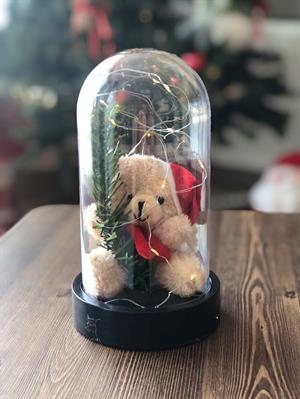Yeni Yıl Hediyesi Ledli Fanus İçinde Şapkalı Ayıcık Yılbaşı Hediyesi Eşe Sevgiliye Arkadaşa Anneye