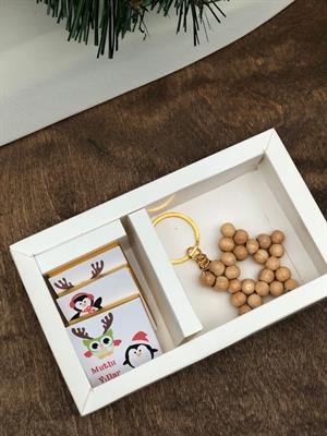 yılbaşı baskılı 3 madlen ve ahşap boncuk anahtarlık yeni yıl hediyesi