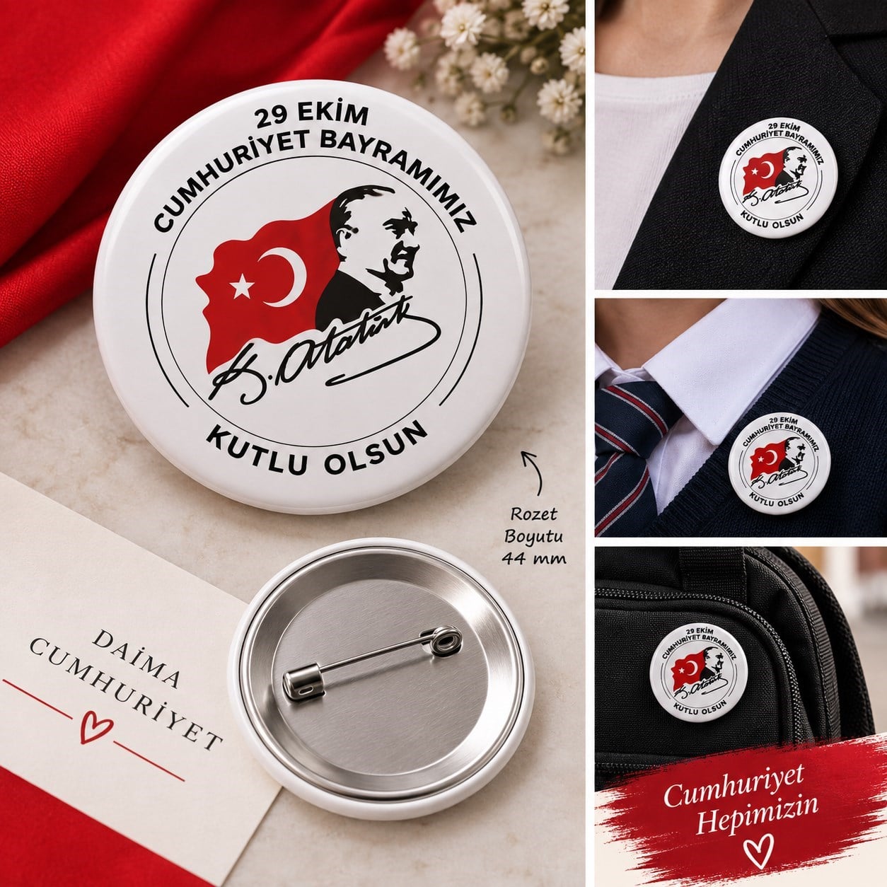 29 Ekim cumhuriyet bayramı rozeti Kartlı Jelatinli 15 Adet İğneli Rozet
