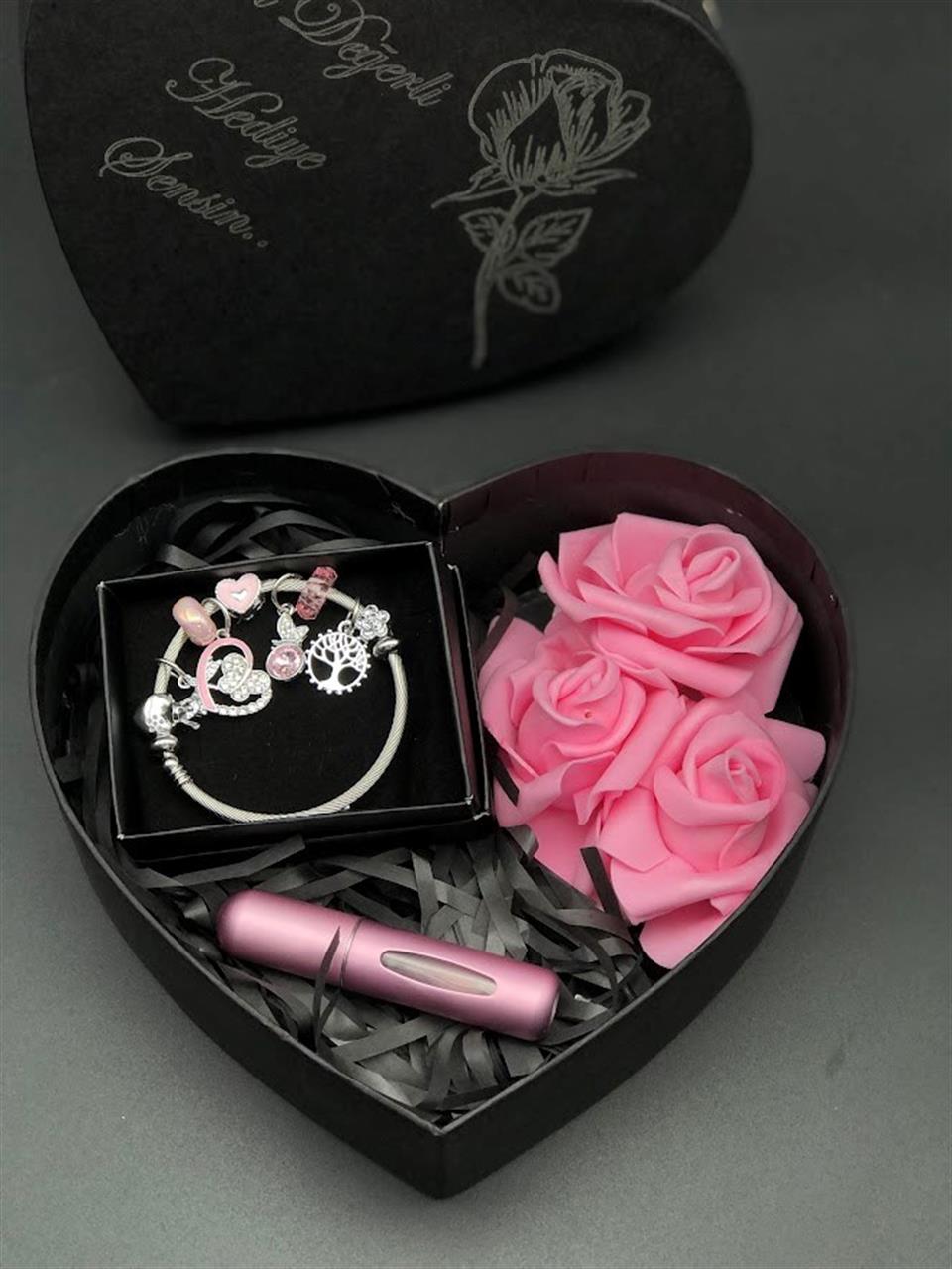 Bayan Çelik Bileklik ve Doldurulabilir parfüm şişesi özel çiçekli kutusunda  doğum günü hediyesi
